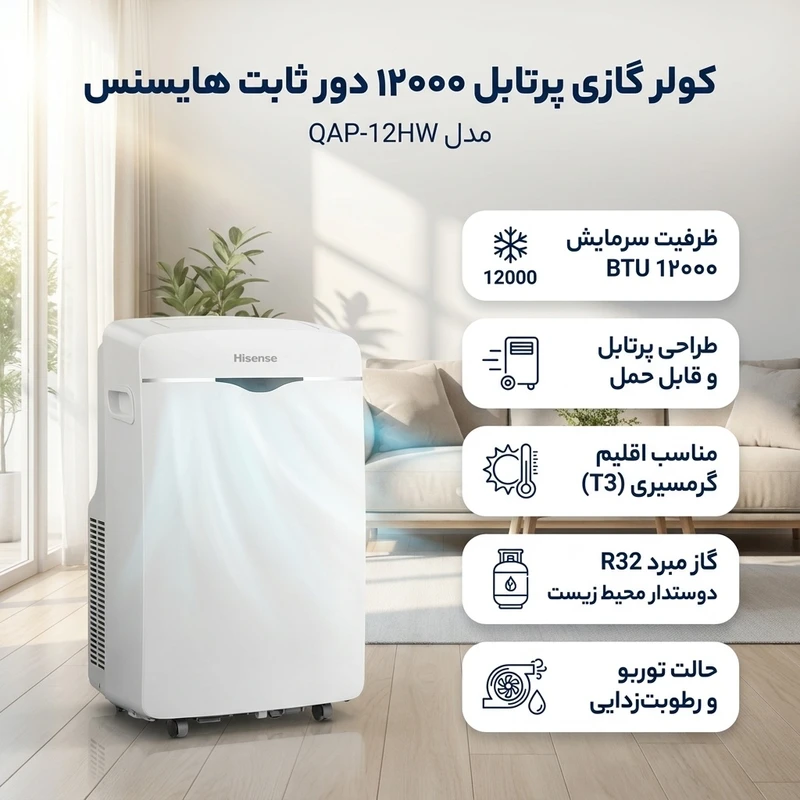 کولر گازی پرتابل 12000 دور ثابت هایسنس مدل QAP-12HW